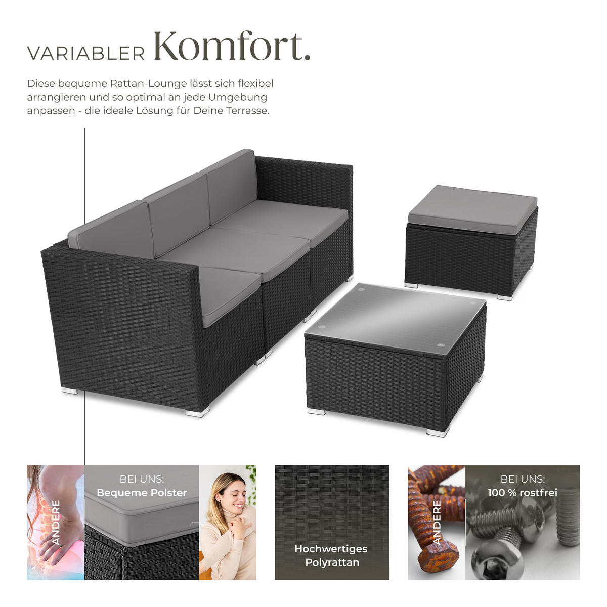 RATTANLOUNGE Lignano,variabel aufstellbar,schwarz - Schwarz, Kunststoff - tectake