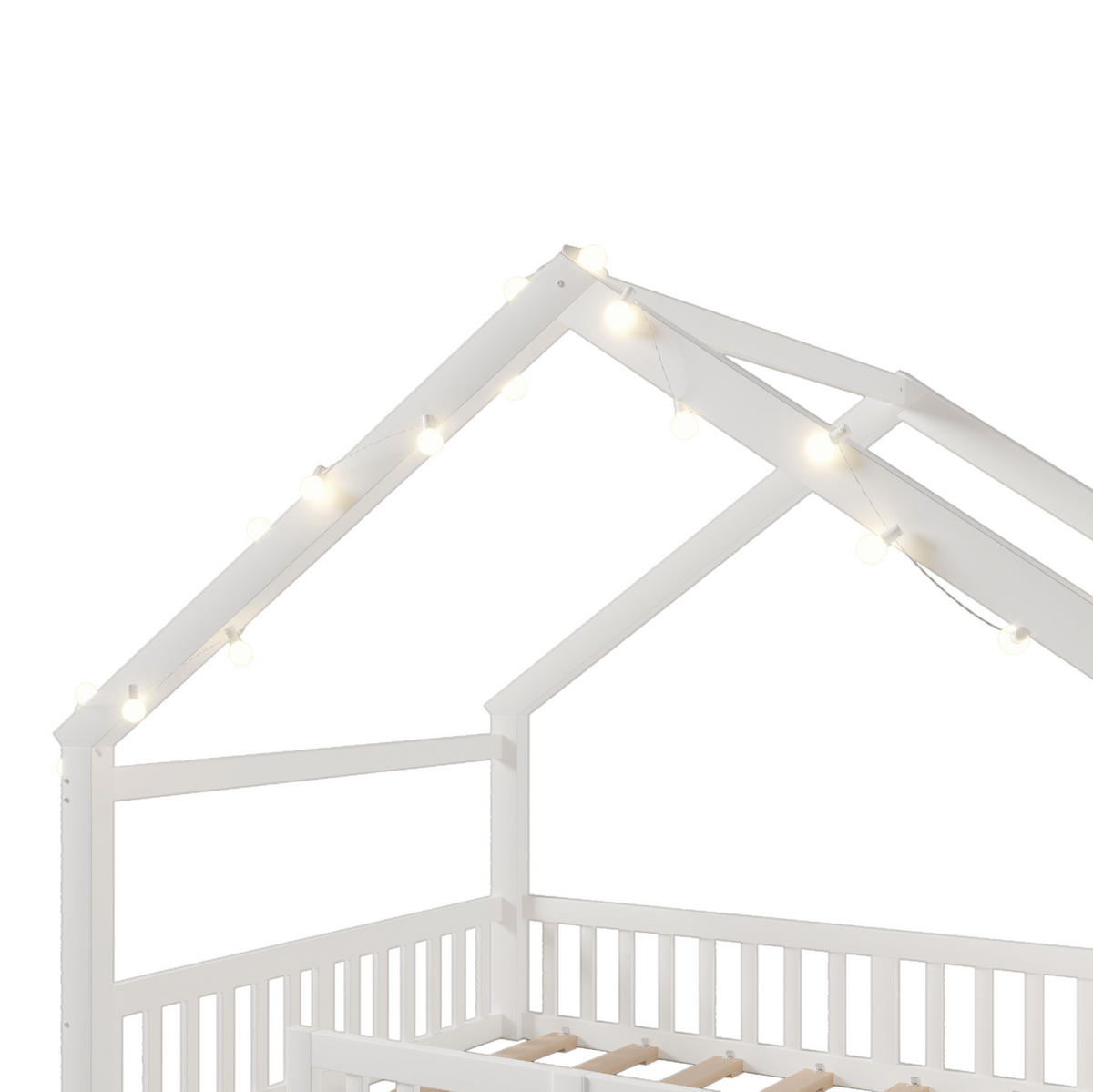 HAUSBETT 140/190 cm Weiß aus Kiefernholz und MDF mit Schutzgitter und Seitenregal - Weiß, Holz (140/190cm) - OKMYHOME