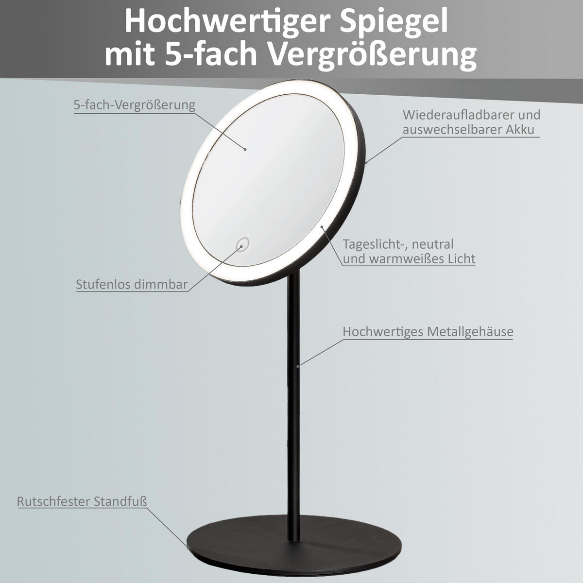 LED-KOSMETIKSPIEGEL - 5-fach Vergrößerung, 3 Lichtfarben und stufenlos dimmbar mit Touch-Bedienung, schwarz - Schwarz, Metall (16/34/16cm) - Northpoint