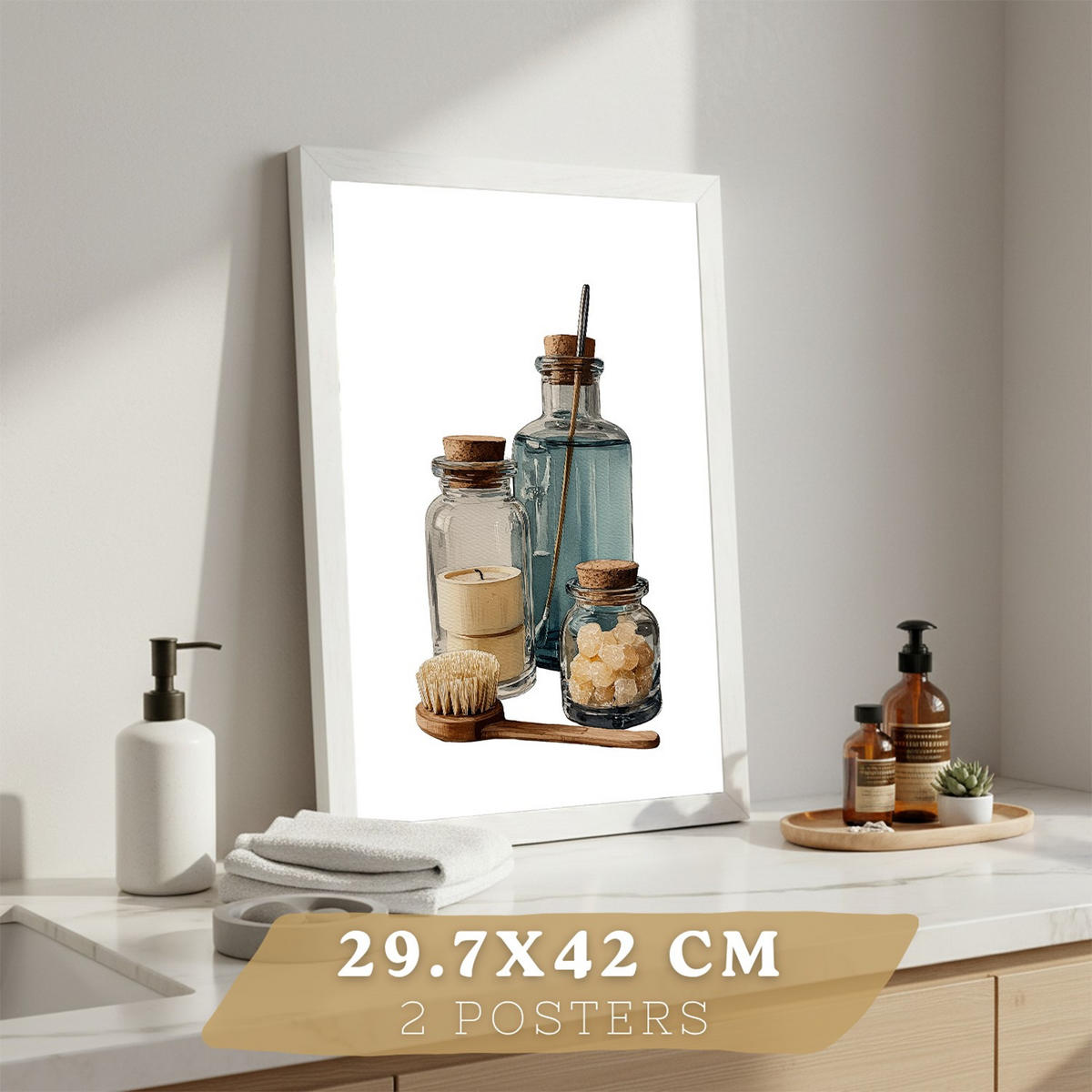 PLAKÁT Sada 2 dekorativních koupelnových tiskůs květinami a lahvemi, přírodní styl Bílý rám A3 - bílá, papír (42/29.7/3cm) - Nacnic