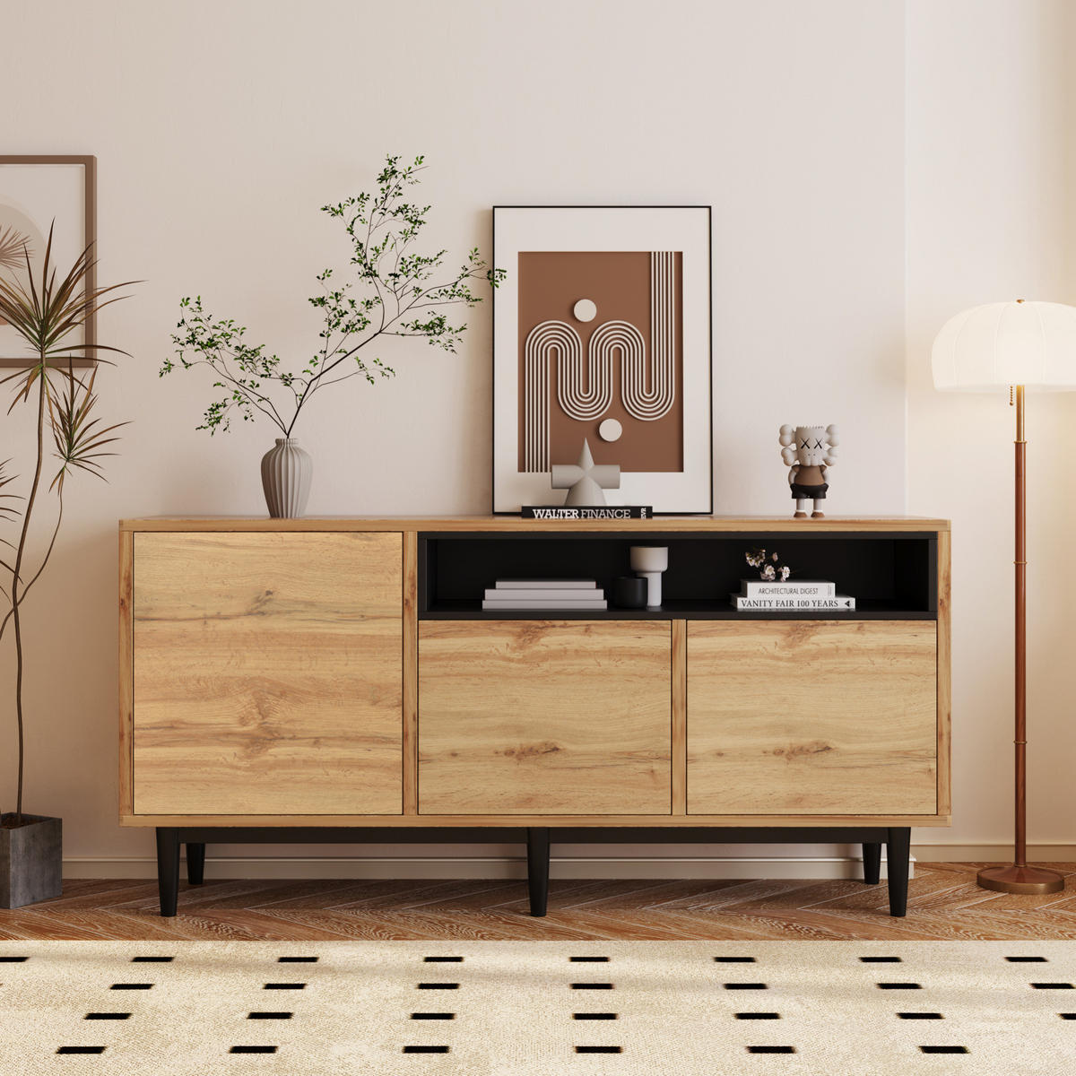 SIDEBOARD 160/35/76 cm mit 3 Türen in Schwarz/Holzfarben - Naturfarben, Holzwerkstoff (160/76/35cm) - BEAOK