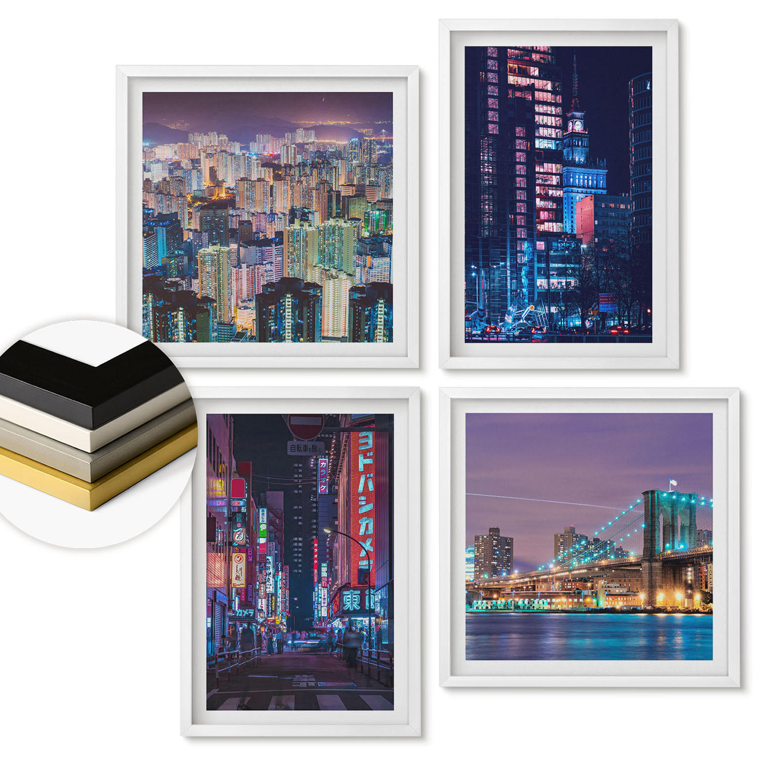 WANDBILDER 4er-Set - 50x50 cm & 40x60 cm Weißer Rahmen - Nachtstädte mit Neonlichtern - Weiß, Kunststoff (50/50cm) - ArtPrintCave