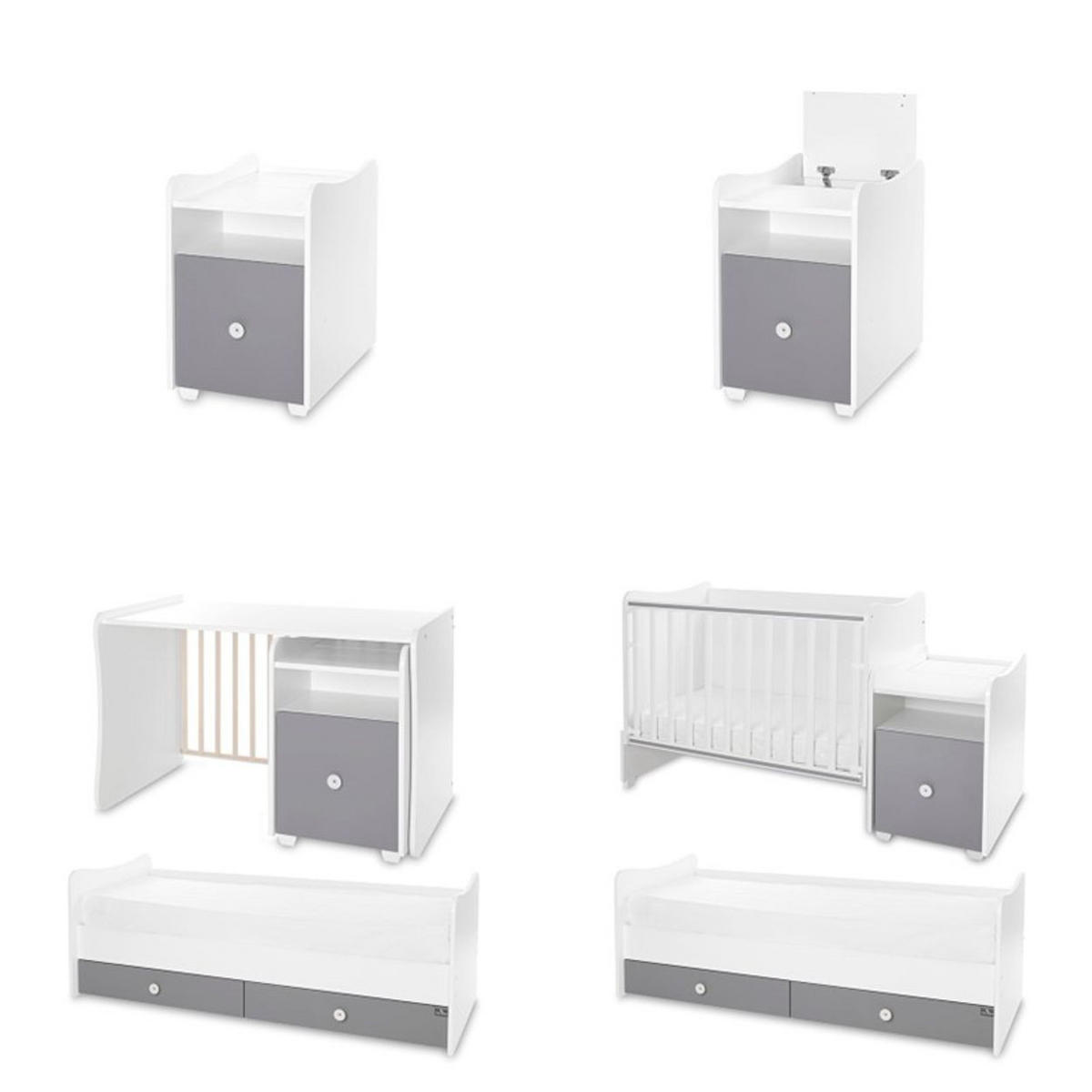BABYBETT Trend Plus weiß dunkelgrau 110 x 62 cm, 70 x 160 cm, Schaukelfunktion, Kommode, Schubladen - Grau, Holzwerkstoff (62/110cm) - Lorelli