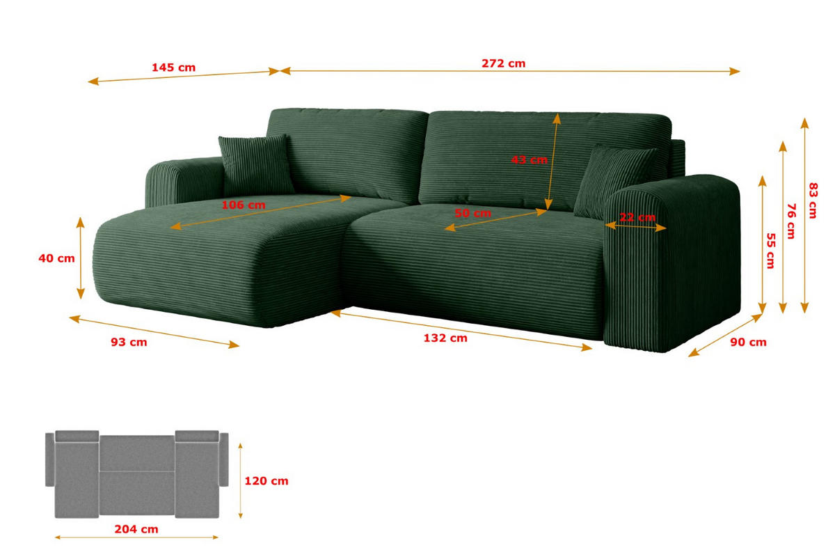 ECKSOFA mit Schlaffunktion und Bettkasten ORRO-L - 272x145x83 cm Grün Cord - Schwarz/Grün, Holzwerkstoff/Kunststoff (272/145cm) - ALTDECOR