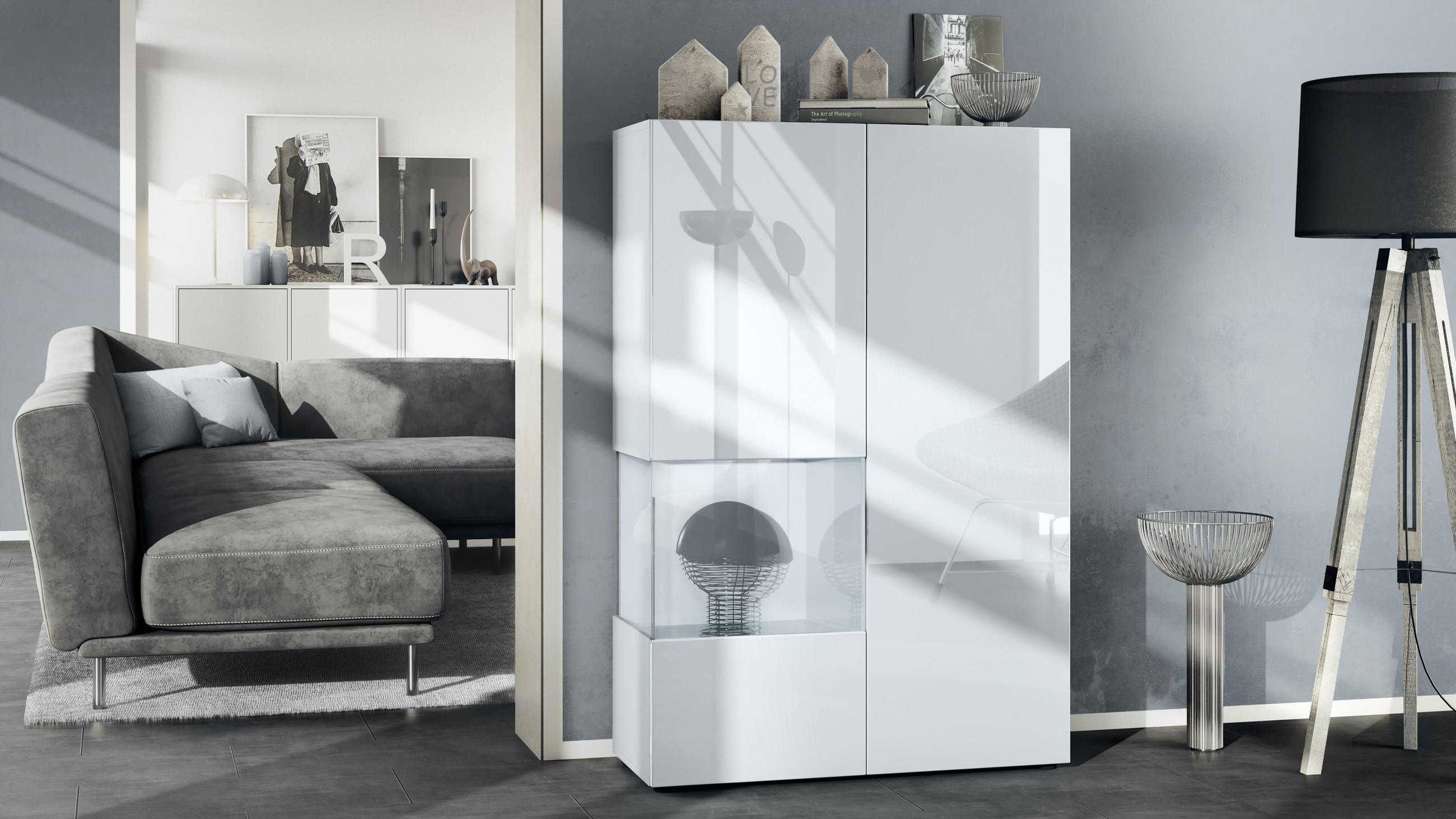 VITRINE Morena Einsatz in Weiß Hochglanz - Weiß Hochglanz, Holzwerkstoff (91.5/136.5/37cm) - Vladon