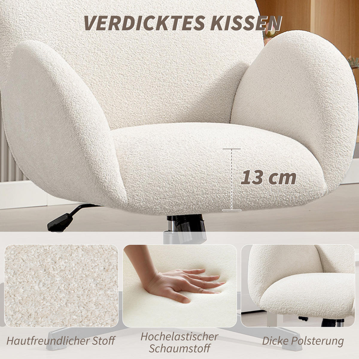 SCHREIBTISCHSTUHL mit Samtoptik Hoher Rückenlehne Creme - Creme/Schwarz, Textil (67/113/68cm) - HOMCOM