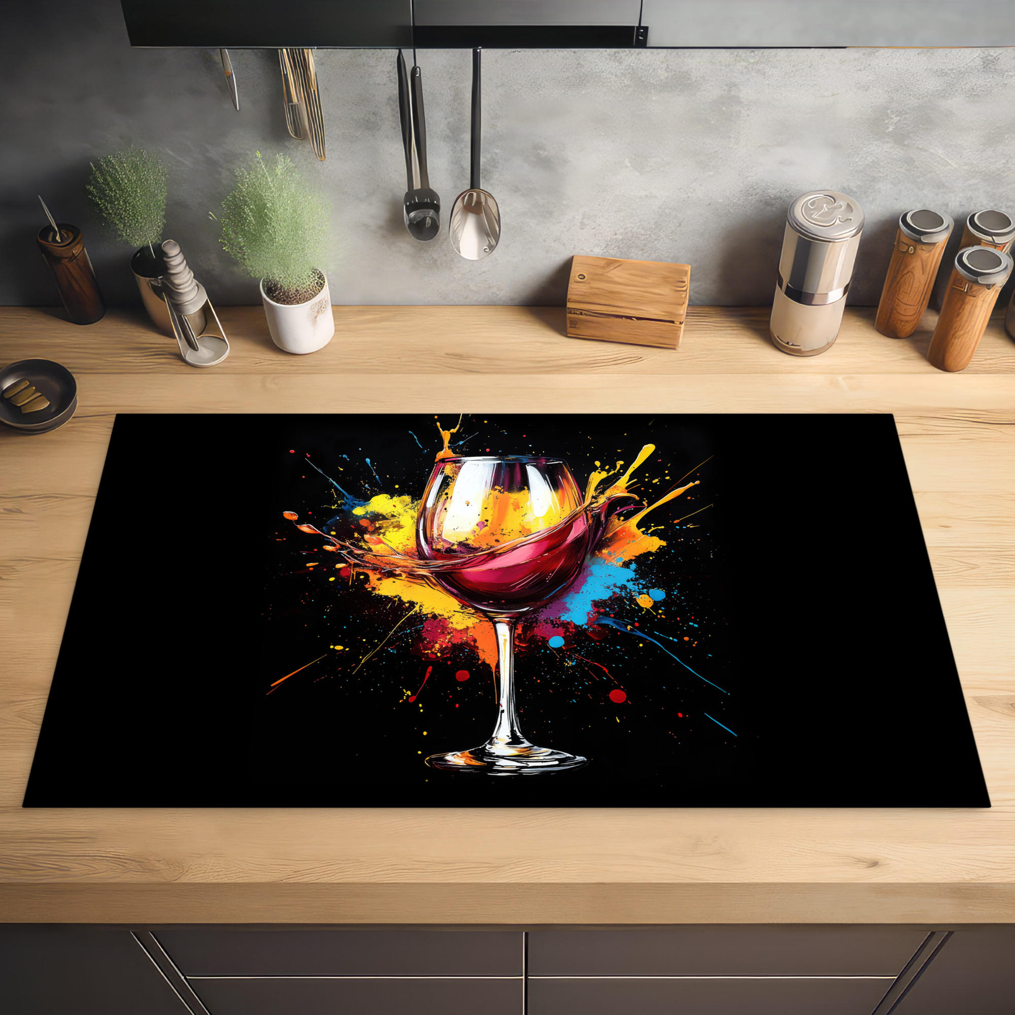 HERDABDECKPLATTE Wein - Glas - Graffiti - Getränk - Rot - Farbe 89x51 cm - Weinrot, Kunststoff (89.6/0.2/51.6cm) - MuchoWow