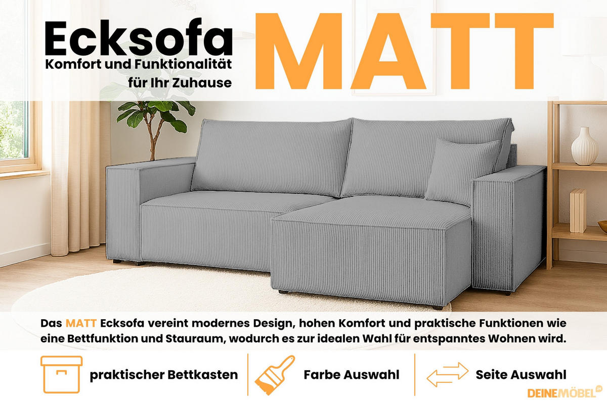 ECKSOFA MATT 255/153 cm rechts in Cord Hellgrau - Hellgrau/Schwarz, Holz/Holzwerkstoff (255/153cm) - Deine Möbel 24