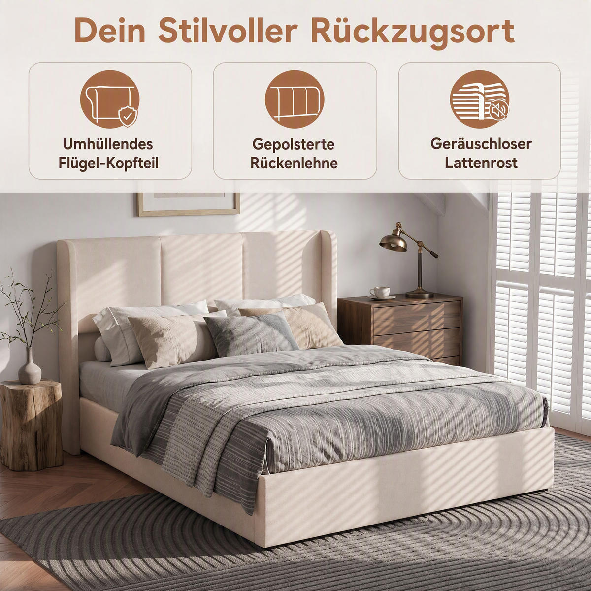 POLSTERBETT 160x200 cm mit Bettkasten und gepolstertem Kopfteil, Lattenrost mit Stauraum, Leinenbezug in Beige - Beige, Holz/Textil (160/200cm) - GENKI LIVING