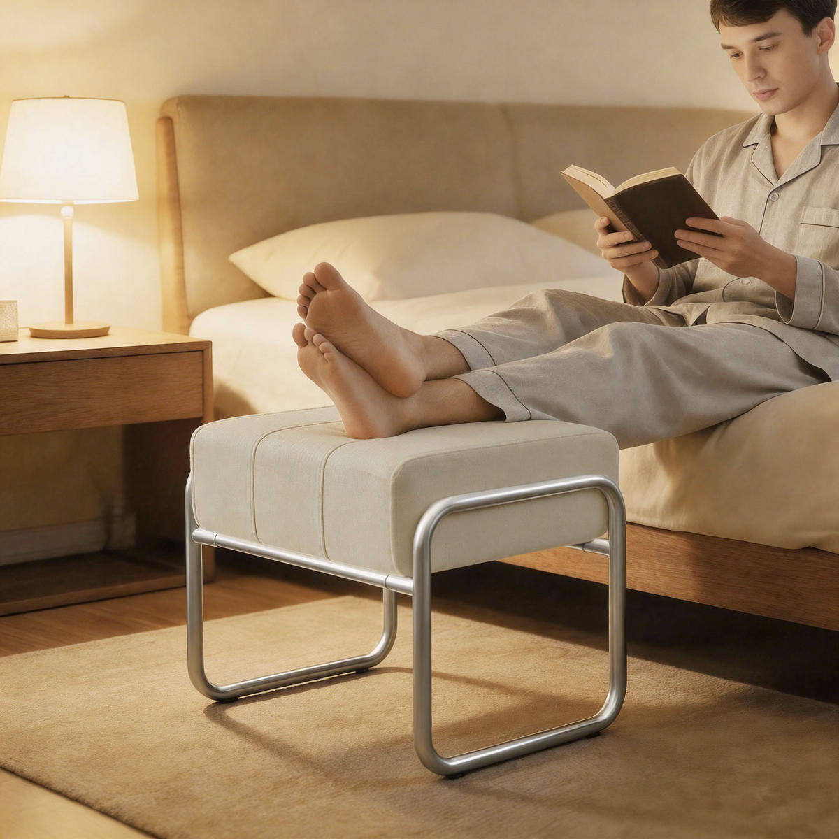 FUSSHOCKER Sitzhocker Dick Gepolstert Hocker mit Stahlbeinen für Schlafzimmer - Beige/Silberfarben, Textil/Metall (42/42/52cm) - HOMCOM