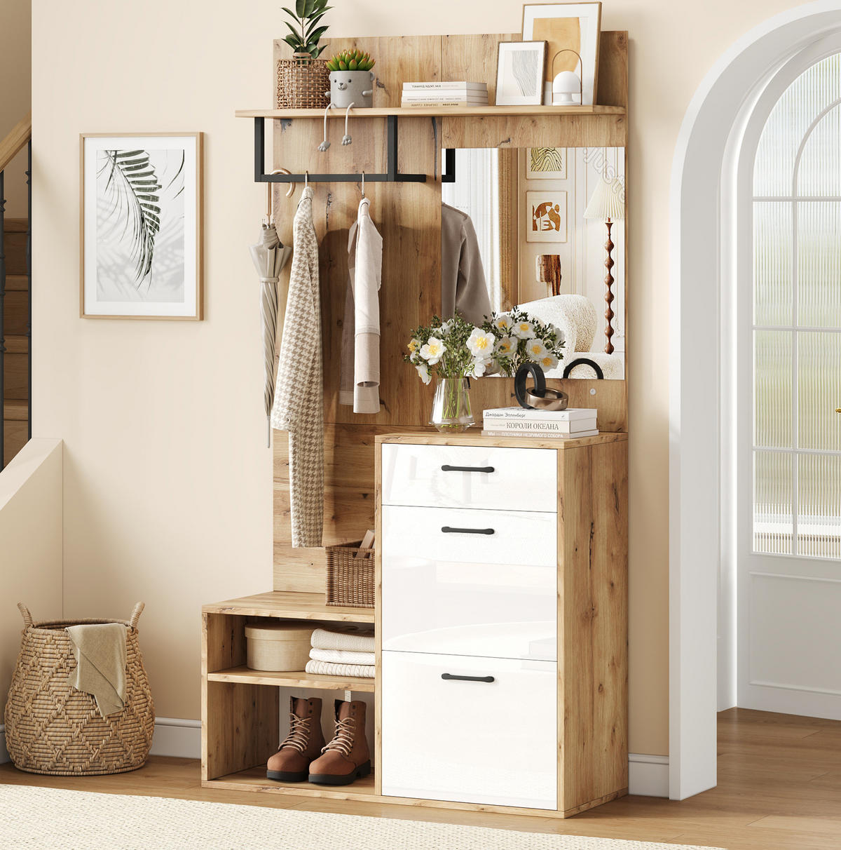 GARDEROBE 100/190/38,5 cm Weiß/Natur aus Spanplatte mit Spiegel und Klapptüren - Weiß, Holzwerkstoff (38.5/190/100cm) - OKMYHOME