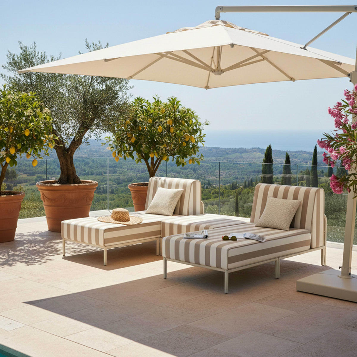 GARTENSOFA mit 3 Sitzplätzen, Beige - Beige, Metall - Oviala