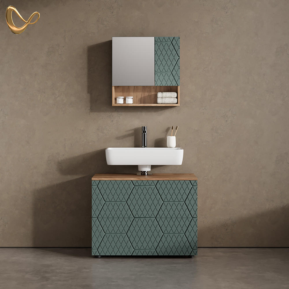 BADMÖBEL-SET Ronco Grün/Goldkraft Eiche 2 Teile - Honigeiche/Grün, Holzwerkstoff (80/58/41cm) - Livinity®