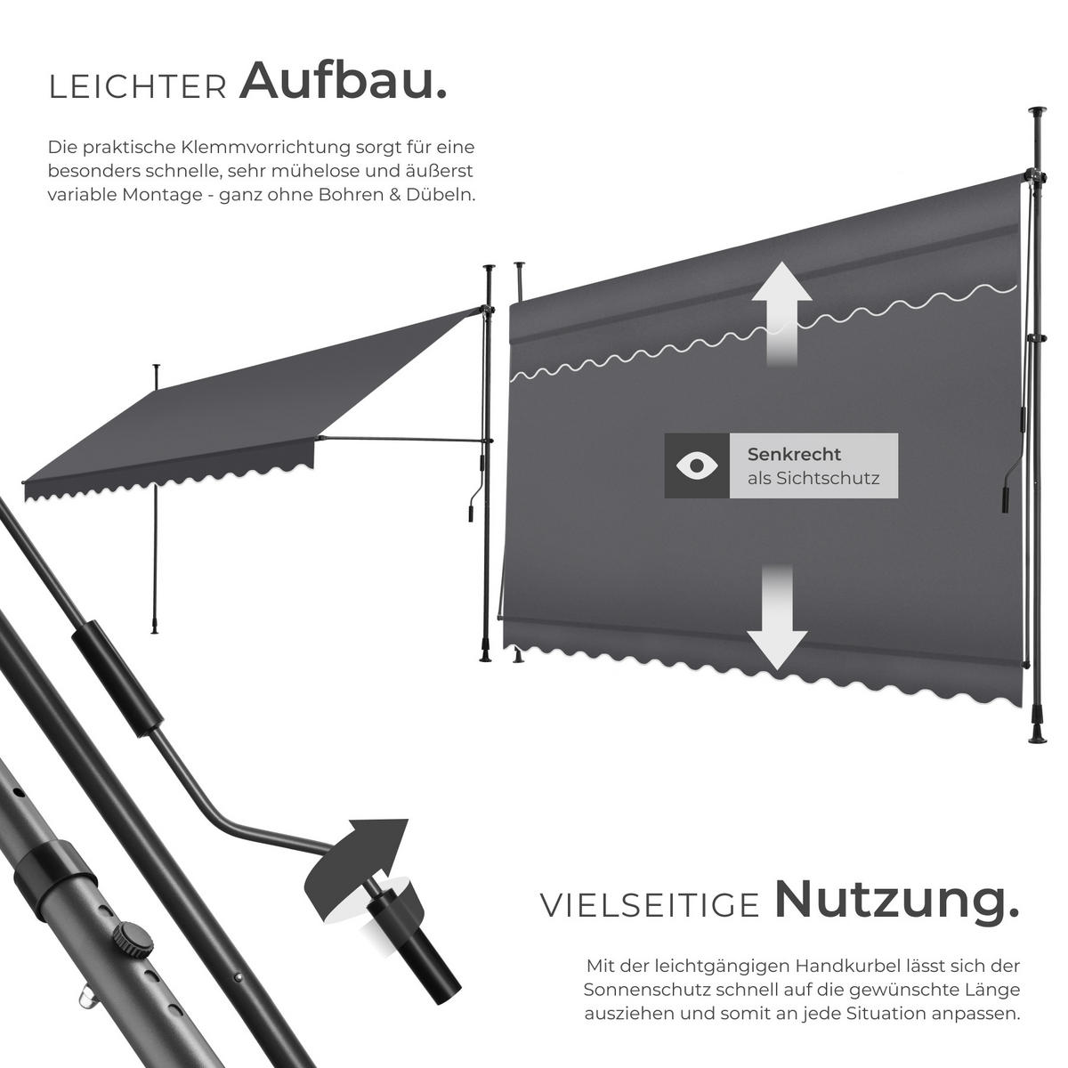KLEMMMARKISE ,einfache Montage,schwarz/grau - Schwarz/Grau, Kunststoff (400/304/180cm) - tectake