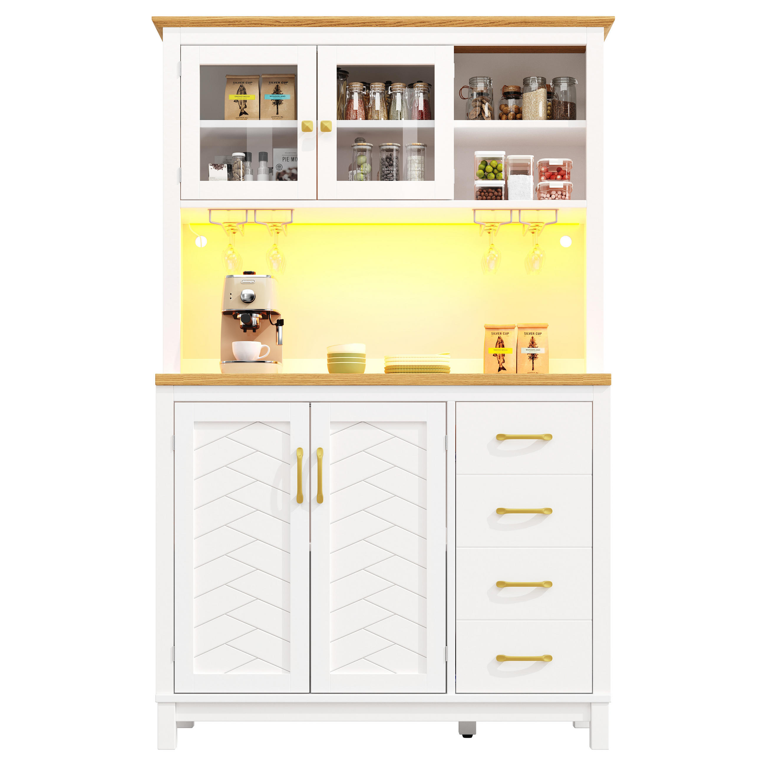 BUFFETSCHRANK landhausstil weiß 180 cm hoch mit app-led & gläserhalter - Weiß, Holzwerkstoff (105.5/180/40cm) - Urban Meuble