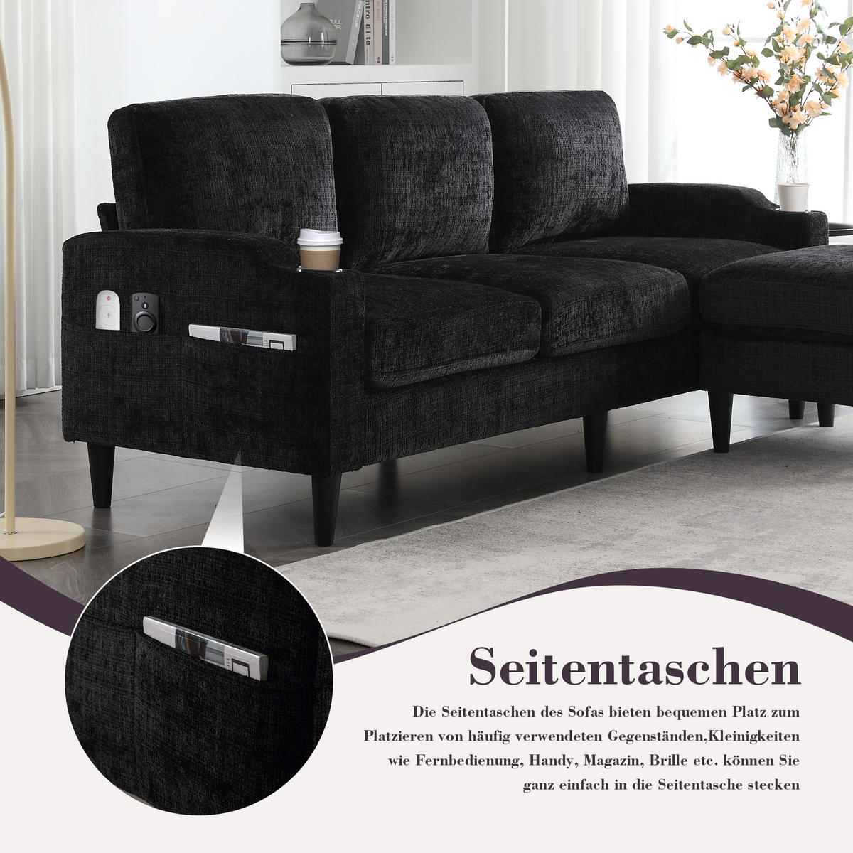 ECKSOFA 163/121/66 cm Schwarz mit 1 Aufbewahrungshocker, Aufbewahrungstasche und Getränkehalter - Schwarz, Textil (196.5/75cm) - Oxeza