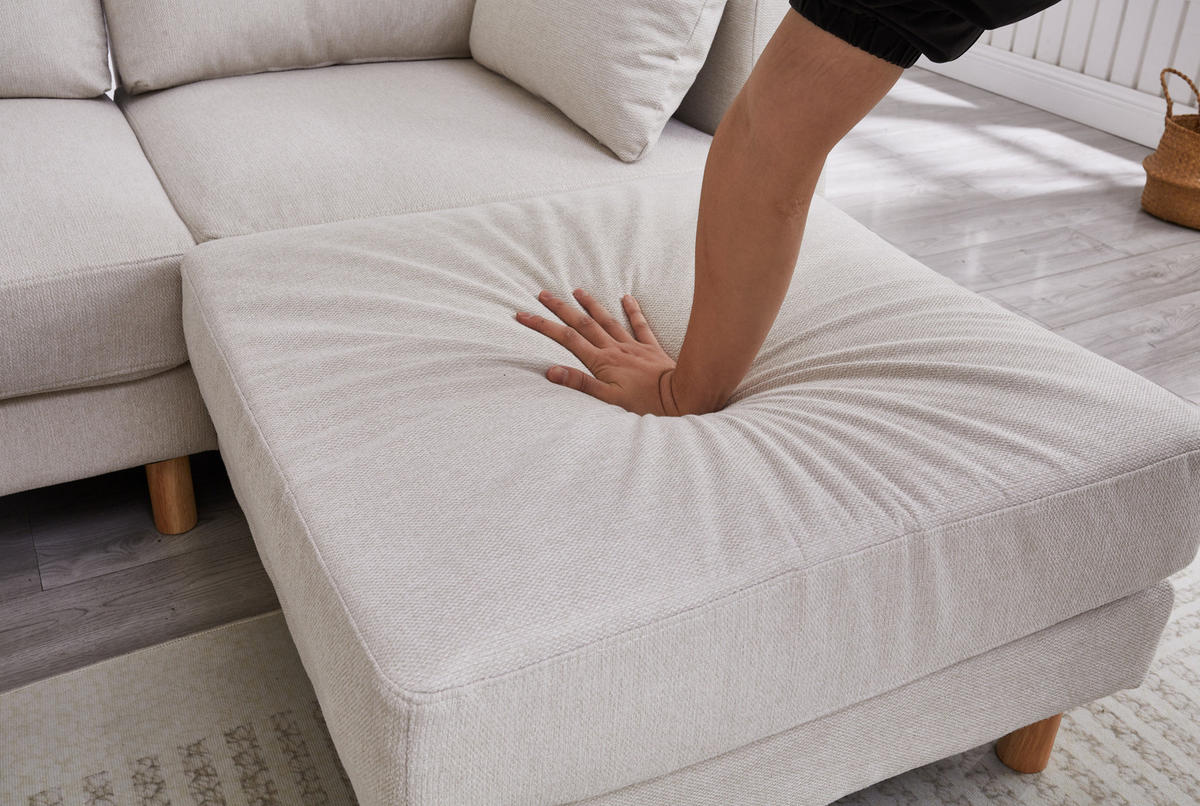 ECKSOFA 235/152/78 cm 3-Sitzer mit Hocker Beige aus Polyester mit links oder rechts montierbarer Chaiselongue - Beige, Kunststoff (152/235cm) - OKMYHOME