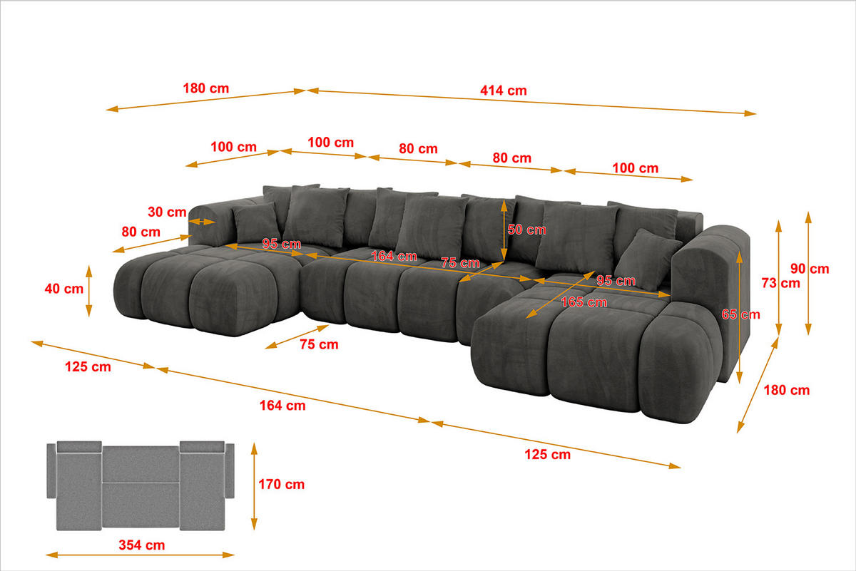 WOHNLANDSCHAFT Ottomane Links CLOUD-U-v1 414x180x40 Dunkelgrau Velours - Dunkelgrau, Holzwerkstoff/Kunststoff (414/90/180cm) - ALTDECOR
