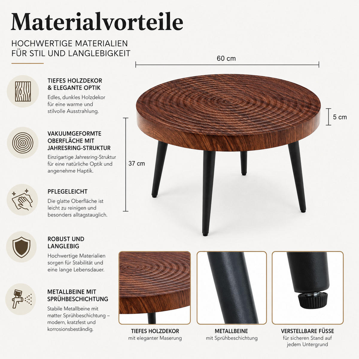 COUCHTISCH DE-37427 rund mit Jahresring-Optik Dunkelholz - Walnussfarben, Holz (60/60/37cm) - ComfortXL
