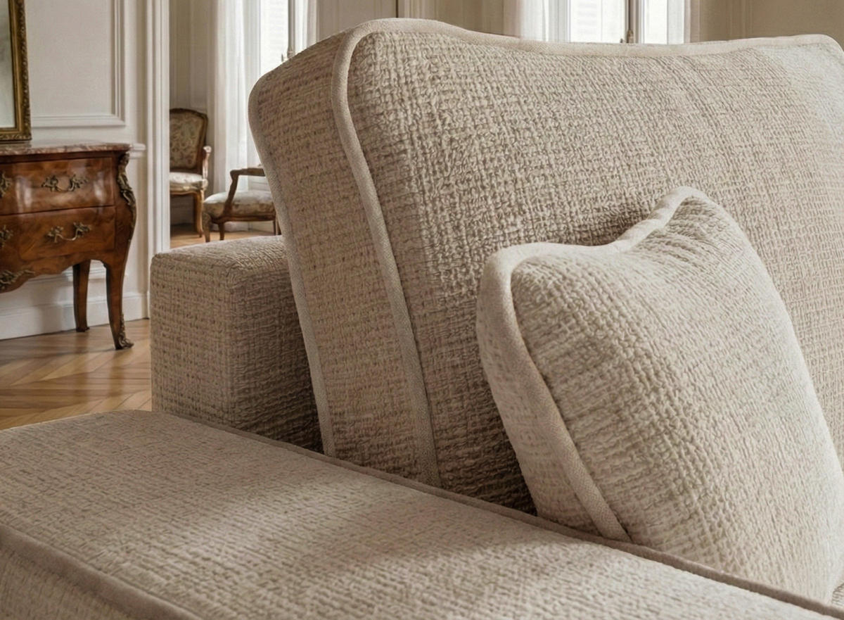 ECKSOFA MIT SCHLAFFUNKTION Modo Creme Chenille-Stoff - Rechts Seite - Beige/Schwarz, Holz/Holzwerkstoff (294/185cm) - Maison de Reve