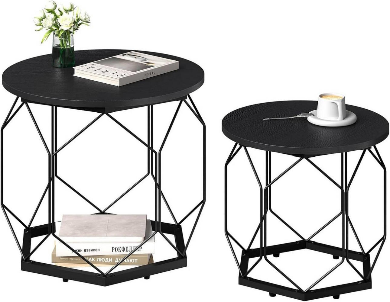 COUCHTISCH 2er Set, rund, Schwarze Holzoptik - Schwarz, Holzwerkstoff/Metall (50/50/45cm) - Woltu