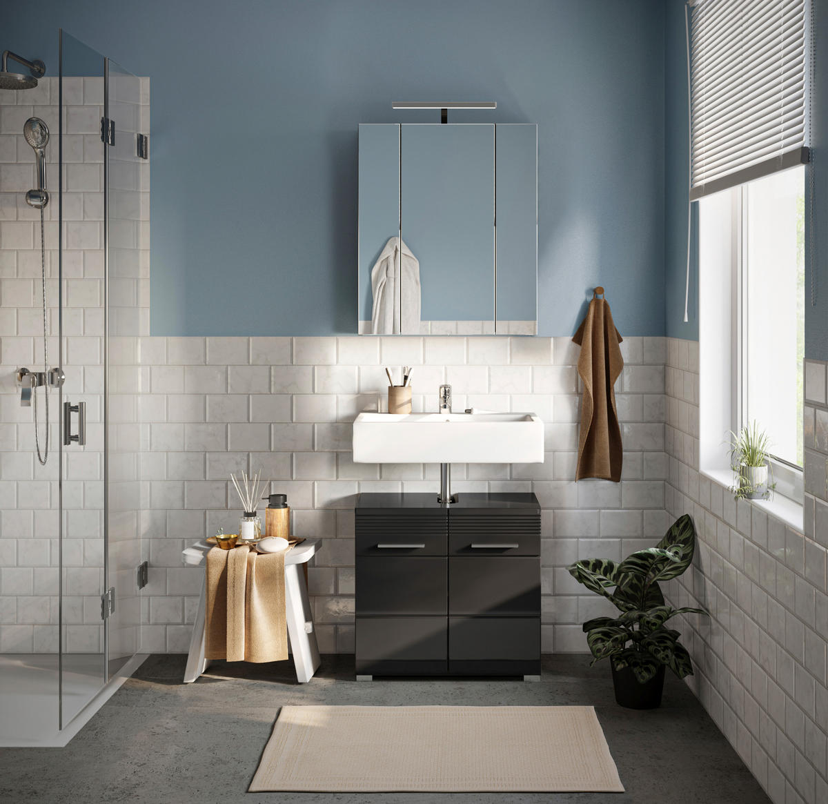 BADMÖBEL Set Linus 2tlg. Bad Kombination inkl. Beleuchtung (B/H/T: 60x182x34 cm) - Schwarz, Holz (60/182/34cm)