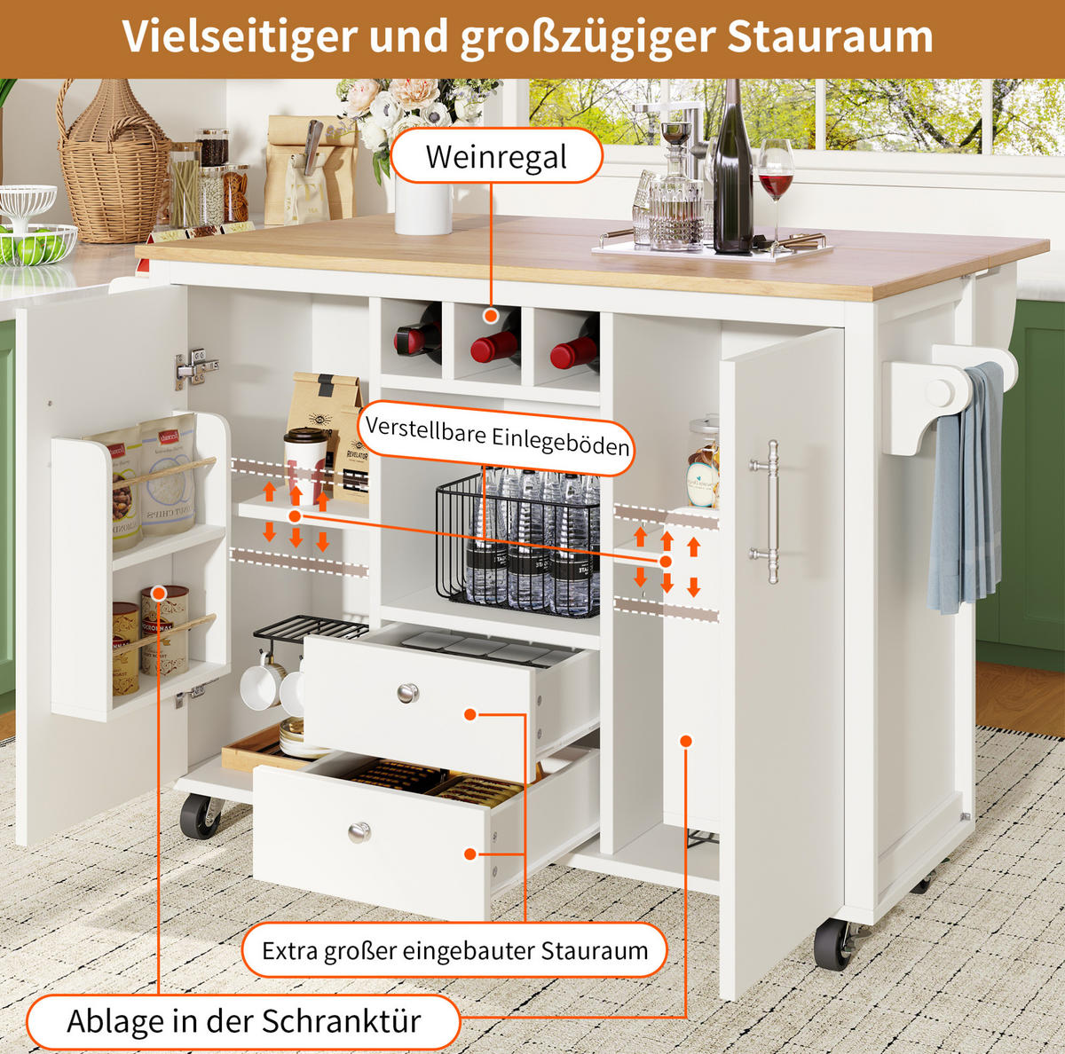 KÜCHENINSEL 137,9/73/92,2 cm aus MDF/Metall mit klappbarer Arbeitsplatte Weiß - Weiß, Holzwerkstoff (137.9/92/73cm) - Modenvie