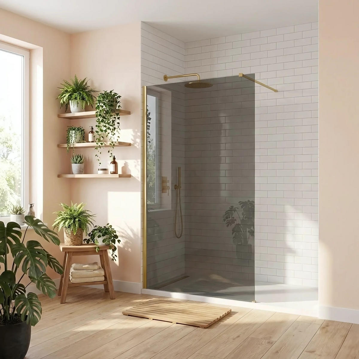 DUSCHWAND Rea Flexi Grey / Brush Gold 100 - Goldfarben, Glas (120/100/195cm) - REA