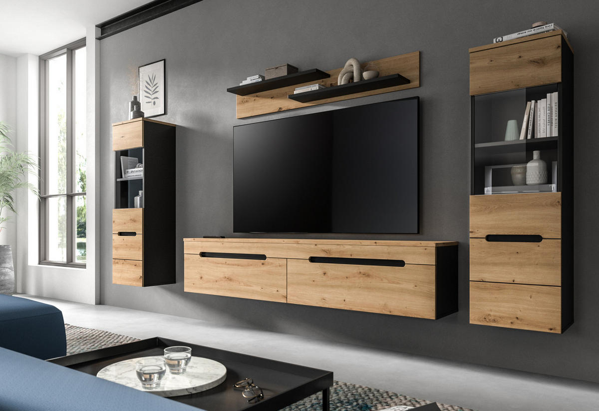 WOHNWAND Artisan Eiche, grau, Set 4-teilig 270 cm hängend oder stehend, Soft-Close, Cooper - Schwarz/Eiche Artisan, Glas/Holzwerkstoff (272/141/33cm)
