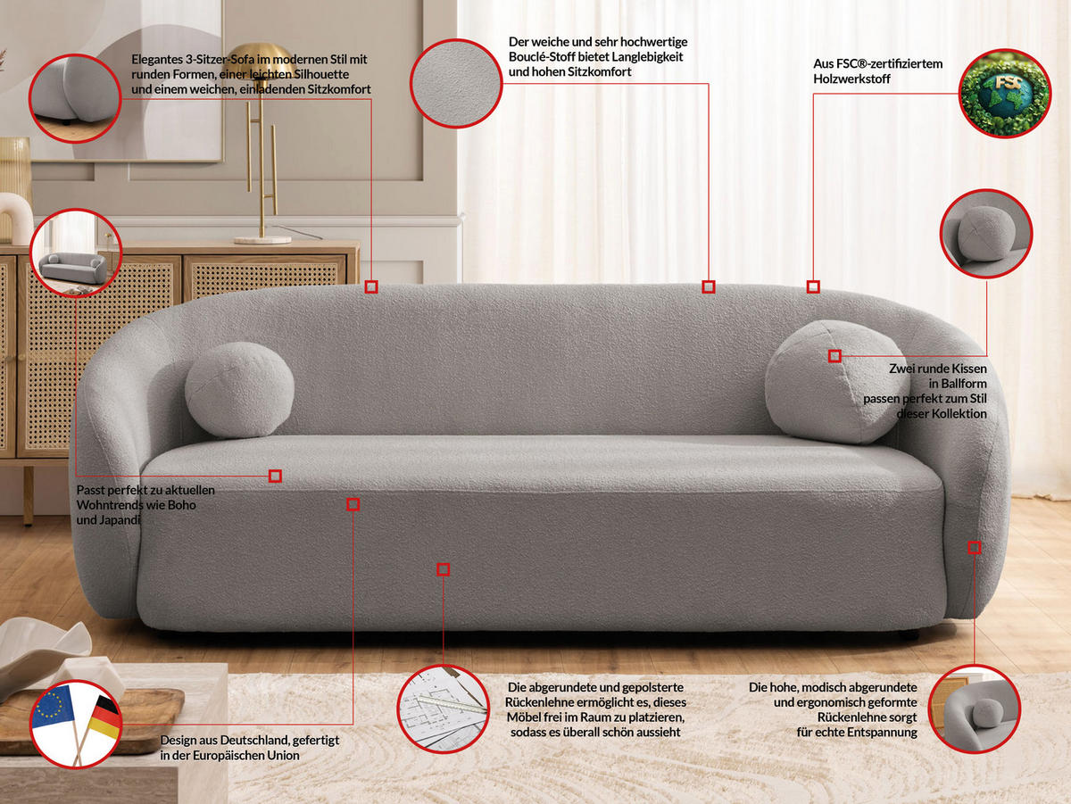 SITZGARNITUR 3+2+1 Roundi Grau Bouclé - Schwarz/Grau, Holz/Kunststoff (208/76/80cm) - S-Style Möbel