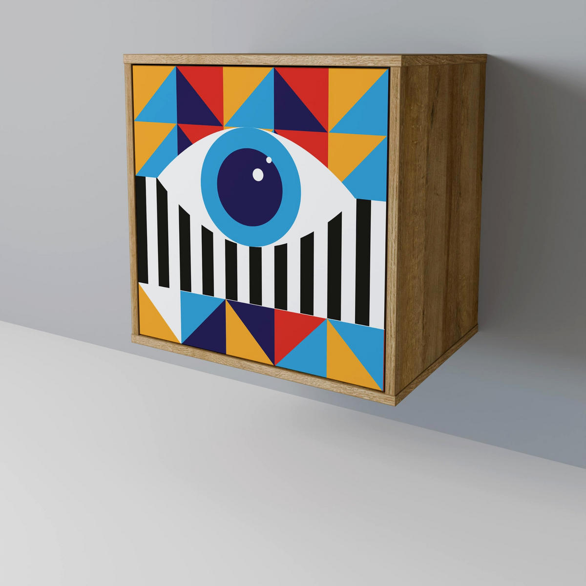 SIDEBOARD ABSTRACTION AND GEOMETRY, Eichefarben, 57,5x42x70,5 cm, Schwarze Metall-Sternfüße - Eichefarben/Multicolor, Holzwerkstoff/Metall (57.5/70.5/42cm) - SpaceRebels