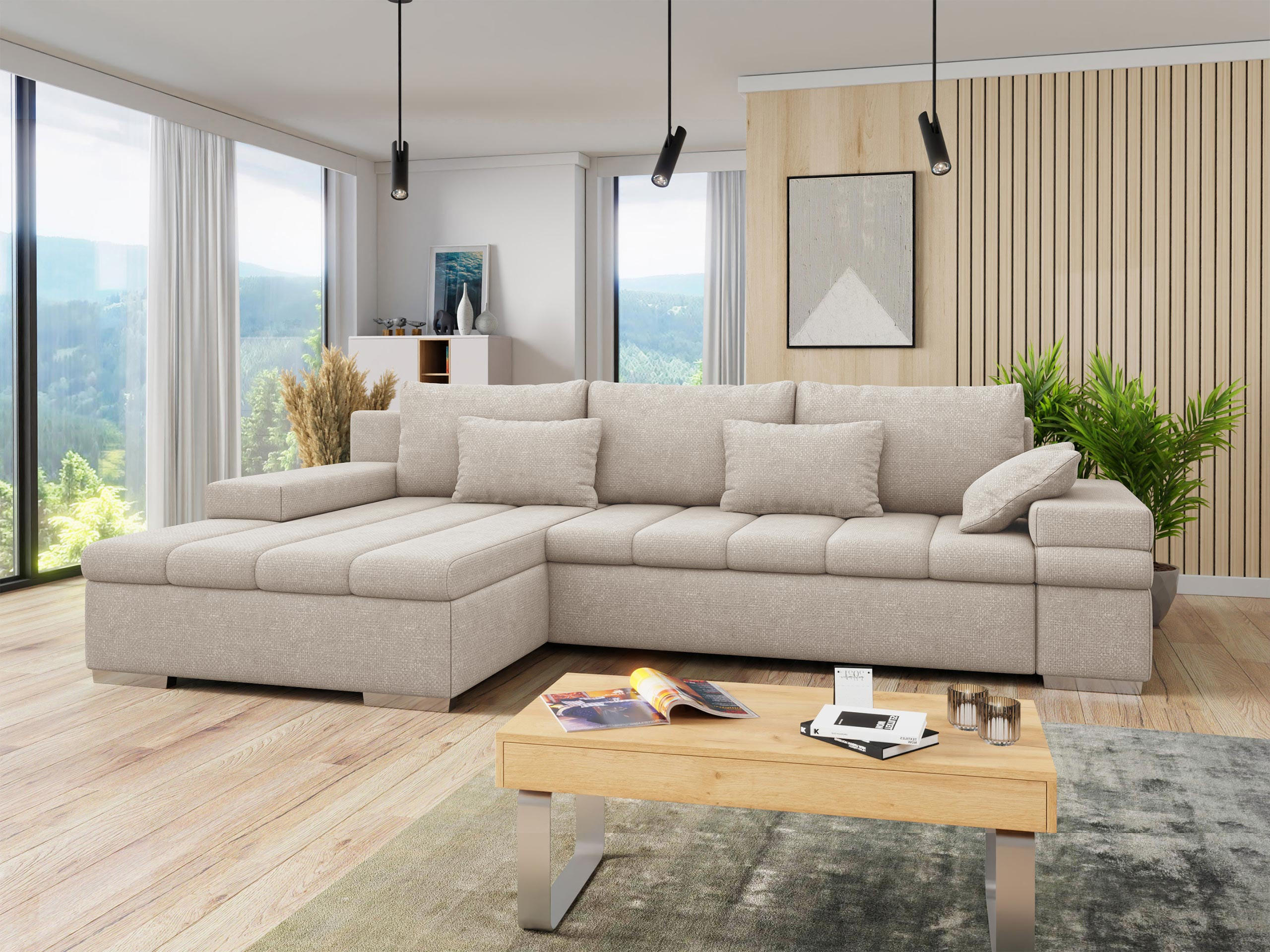 ECKSOFA Bangkok Premium, Seite: Links - Silberfarben/Naturfarben, Holz/Textil (310/175cm) - MIRJAN24