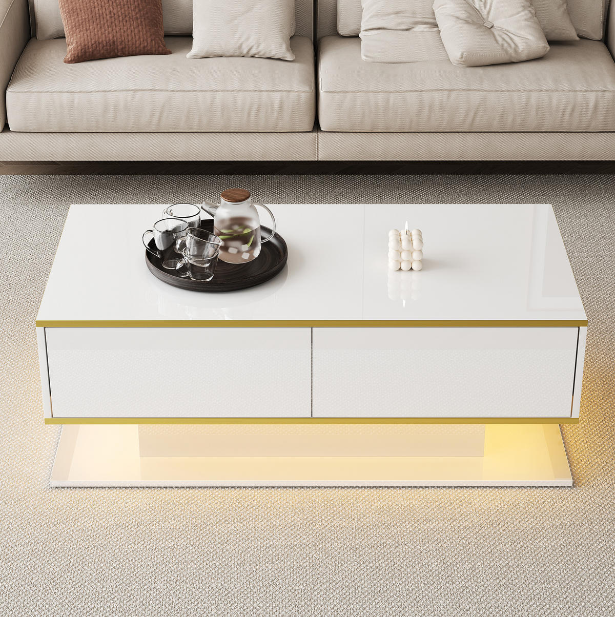 KONFERENČNÍ stolek 100/50/40 cm bílý a zlatý z dřevotřísky s LED osvětlením a 3 zásuvkami - bílá, kompozitní dřevo (100/50/40cm) - OKWISH
