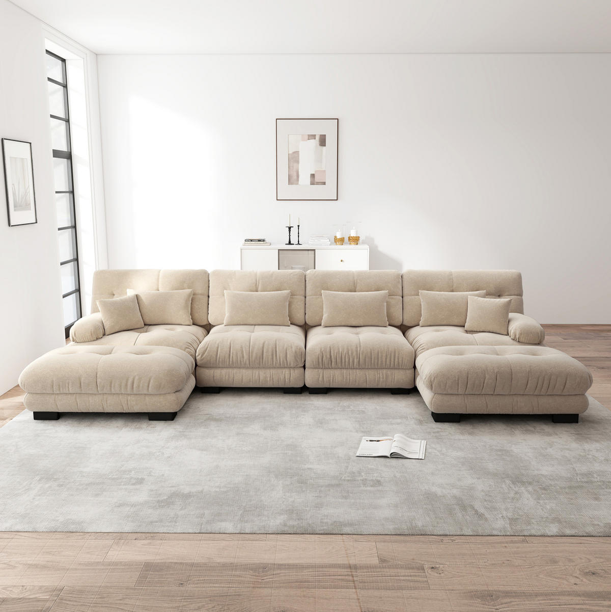 WOHNLANDSCHAFT aus Chenille Hellbraun modular mit beweglichen Ottomane, U- oder L-Form und Cloud-Komfort - Cappuccino, Textil (406/81/145cm) - Modfu
