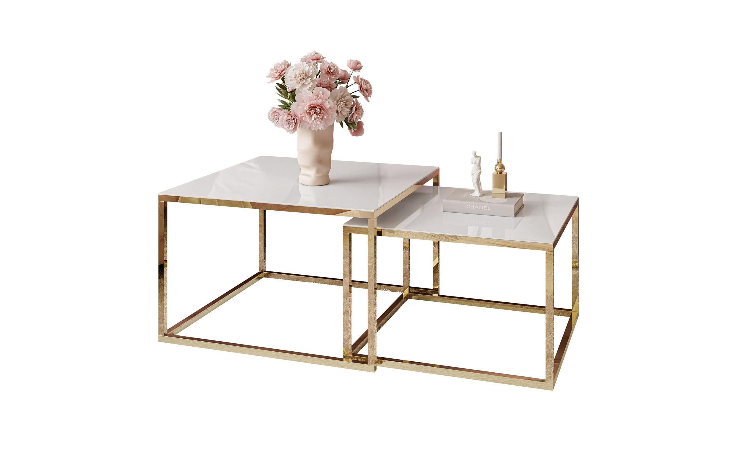 COUCHTISCH YOSHI 2in1 70/70/41 cm Gold chrom / Weißes Glas - Weiß, Glas/Metall (70/70/41cm) - Lookway