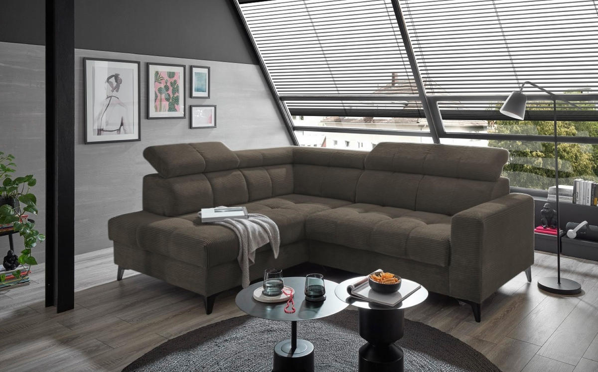 ECKSOFA mit elektronische Sitztiefenverstellung, USB-Anschluss und stilvollem Breitcord-Bezug - Dunkelbraun, Textil (243/200cm) - ed exciting design