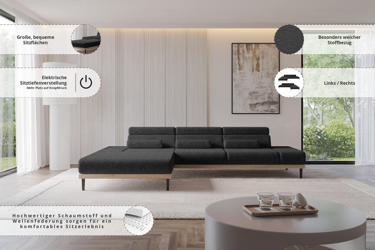 ELEKTRISCHES ECKSOFA Links MONA 316x205x85 Schwarz Velours - Schwarz, Holzwerkstoff/Textil (316/205cm) - ALTDECOR