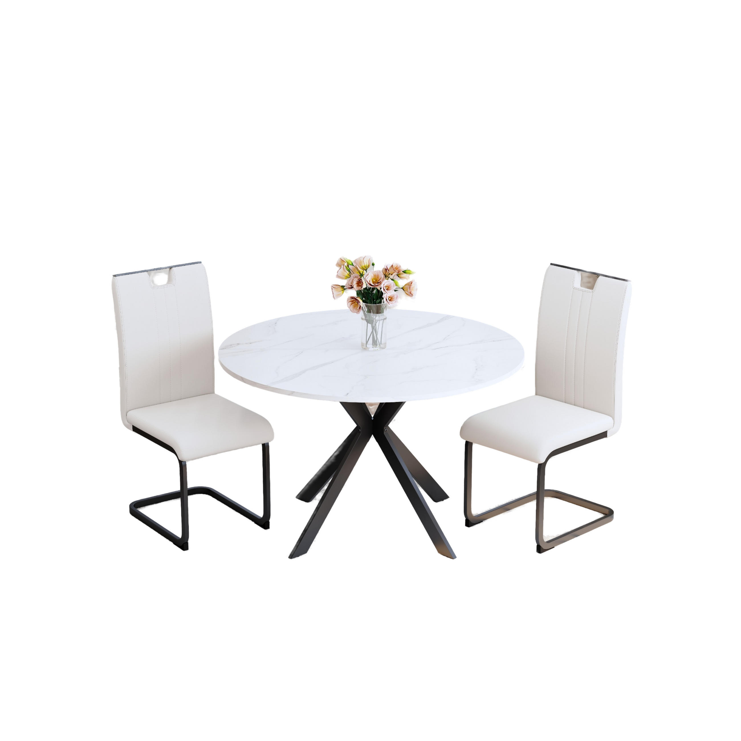 ESSGRUPPE DE-39511 3-teilig, runder Marmortisch Weiß - Weiß, Holzwerkstoff (110/75/110cm) - ComfortXL