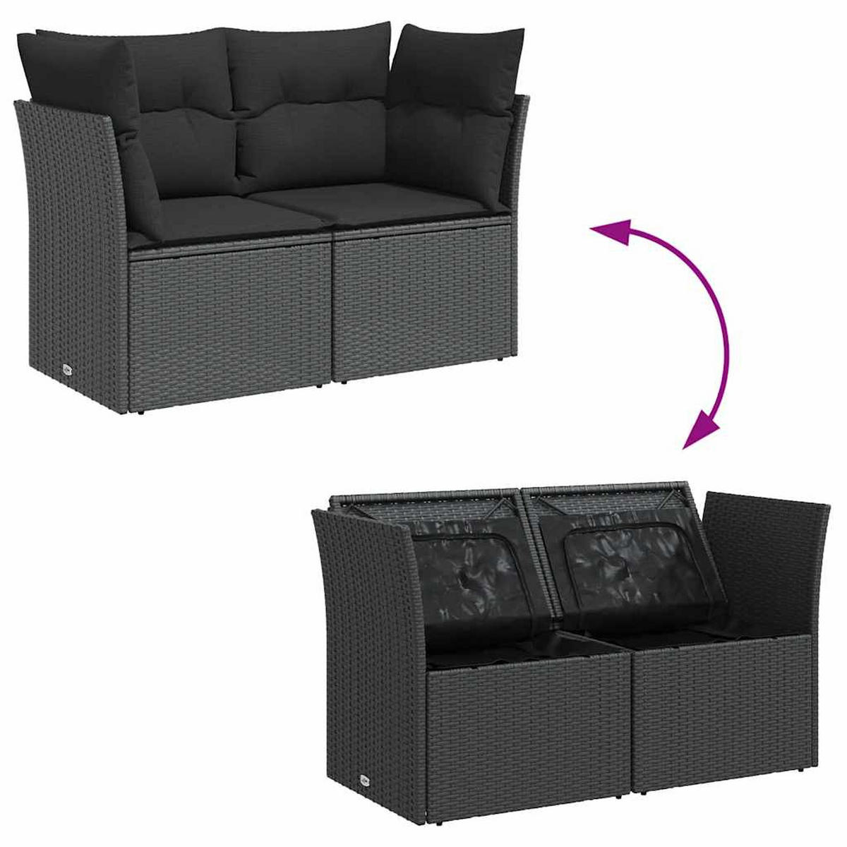 LOUNGESOFA mit Kissen und Armlehnen, 2-Sitzer, 124/62/69 cm, aus Poly Rattan, Schwarz - Schwarz, Kunststoff (62/69/124cm) - vidaXL