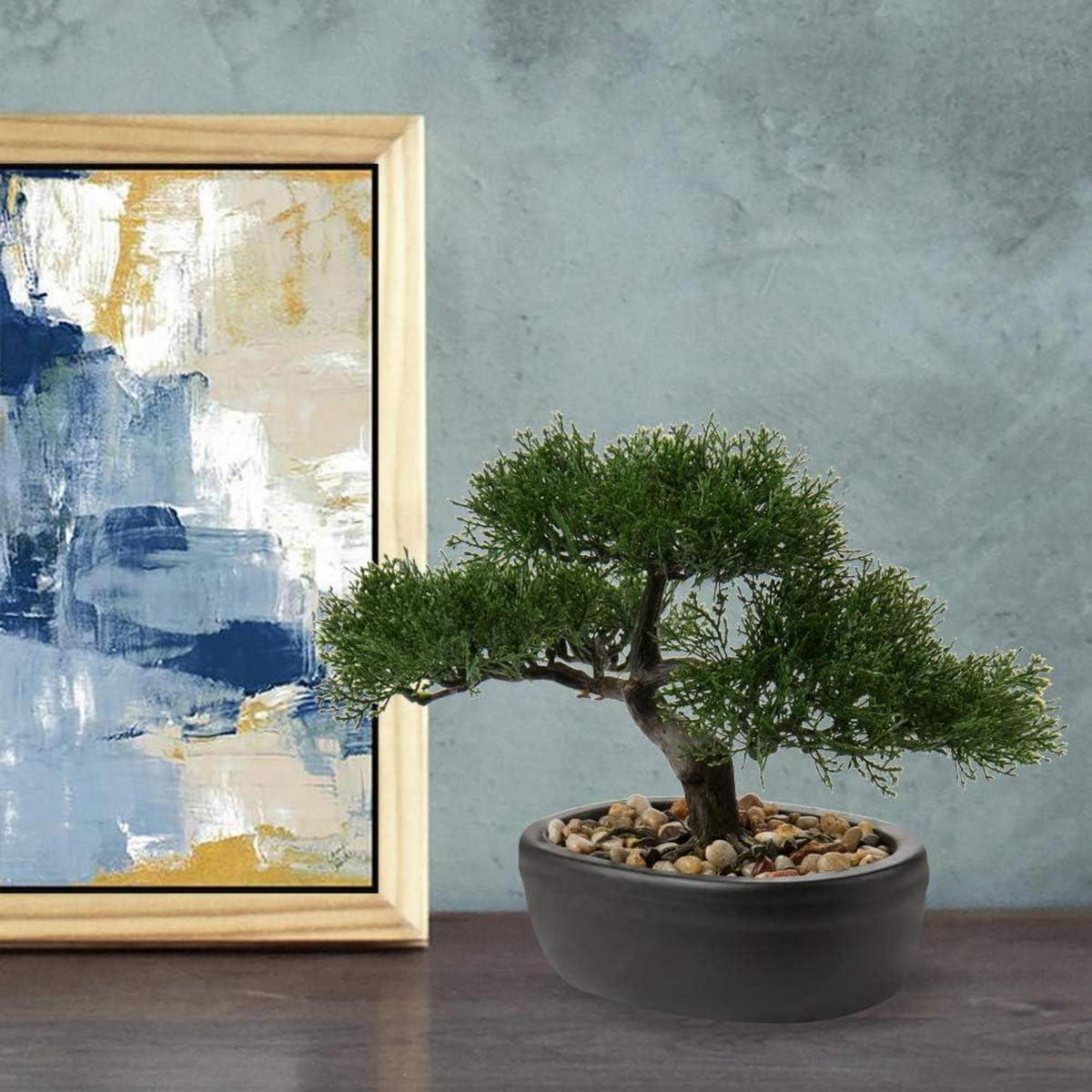 KUNSTBONSAI Zeder mit Keramik-Übertopf Schwarz 23 cm - Grün, Kunststoff (23cm)