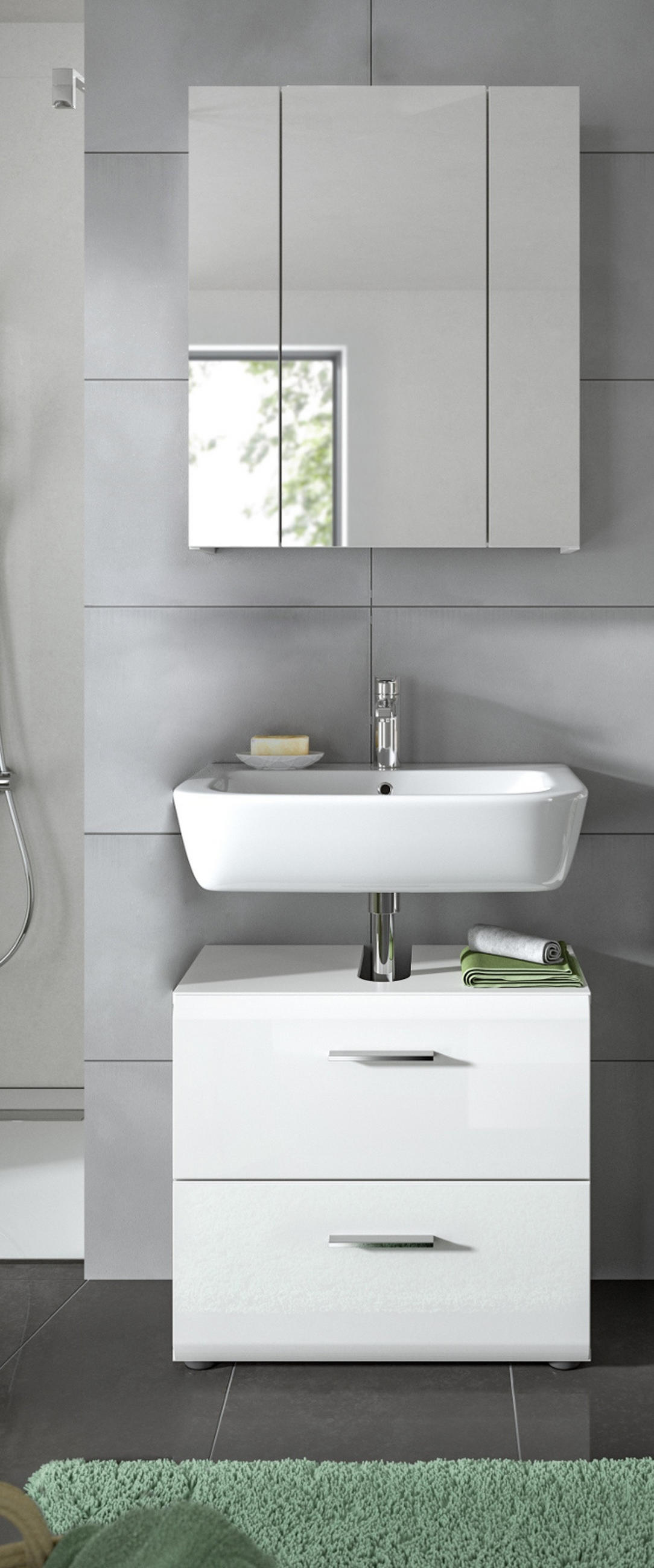 BADMÖBEL-SET weiß Hochglanz, Badkombination 2-teilig 60 cm - Weiß Hochglanz/Silberfarben, Glas/Holzwerkstoff (60/185/30cm) - Inn.Furn