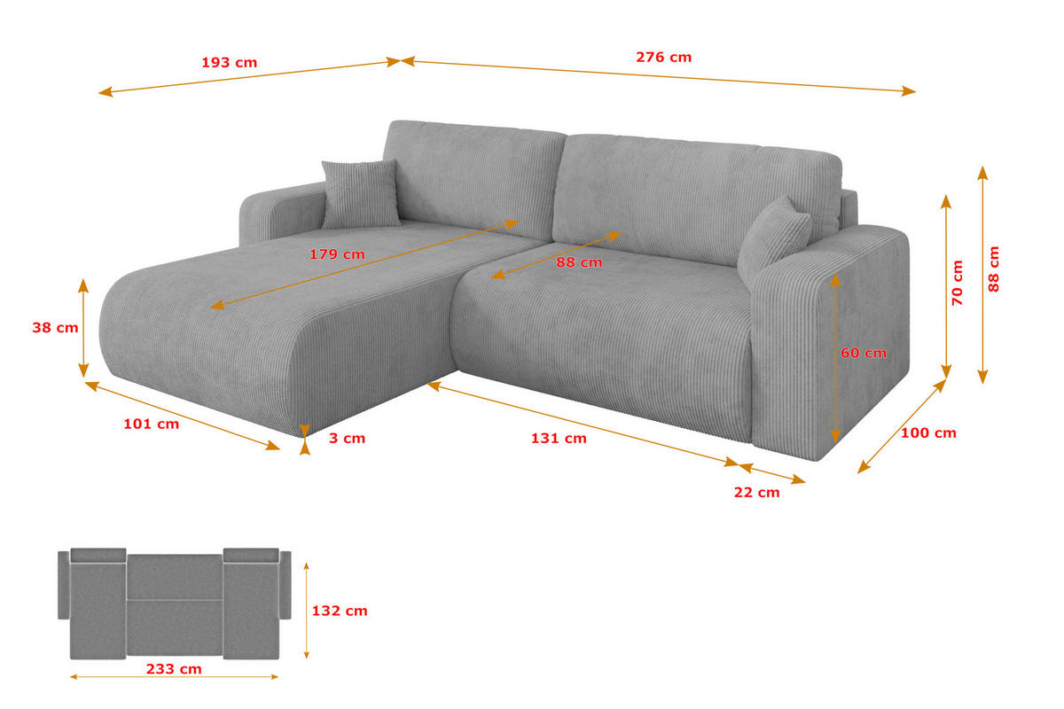 ROHOVÁ SEDAČKA s funkcí spaní, otoman vlevo BERY-L 276x193x88 šedá manšestr - šedá/černá, kompozitní dřevo/textil (276/193cm) - ALTDECOR