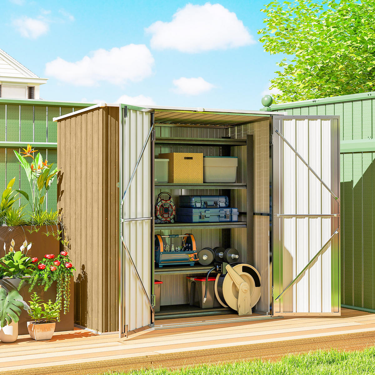 GARTENHAUS 1,37 m² ,Türen mit Riegeln und braunen Griffen,163 x 89 x 163 cm - Braun, Metall (89/163/163cm) - Vallsero