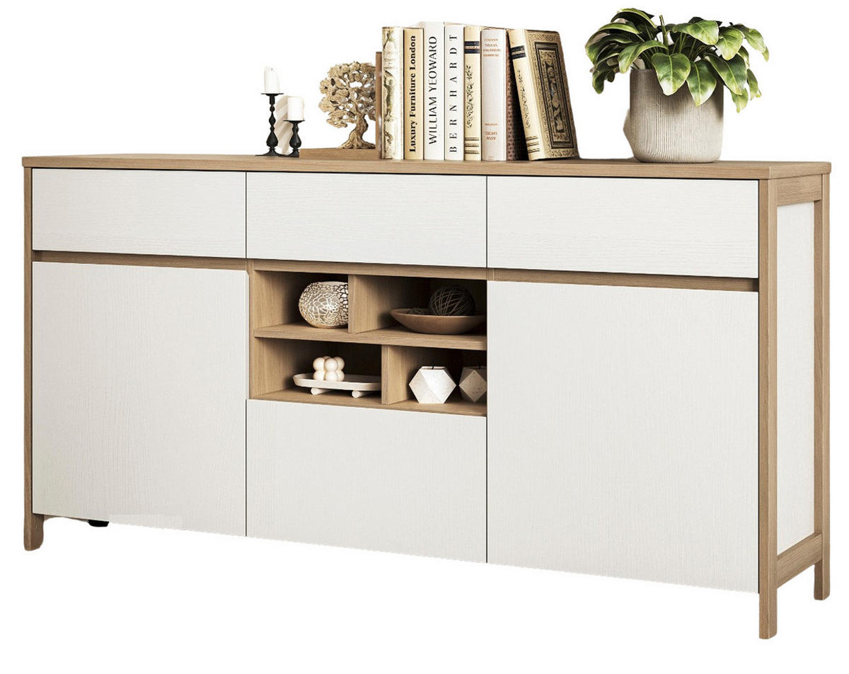 SIDEBOARD weiß und Eiche, Kommode skandinavisch 164 cm mit Soft-Close, Finnes - Eichefarben/Weiß, Holzwerkstoff/Metall (164/85/39cm) - Furn.Design