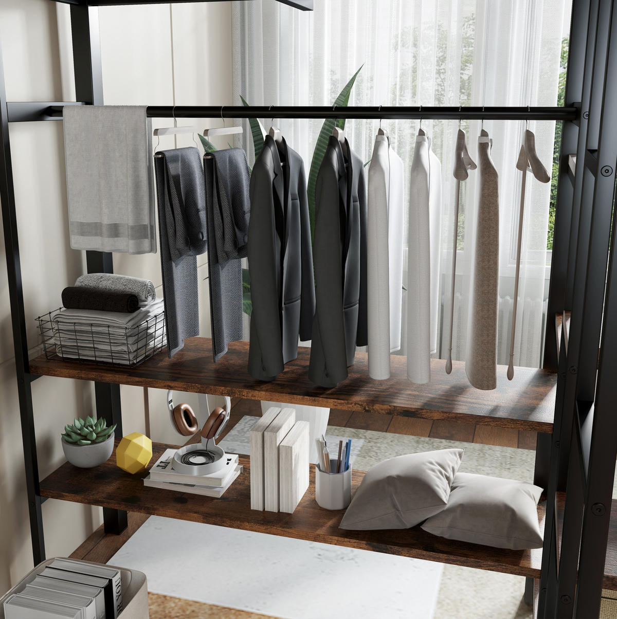 ETAGENBETT 120/200 cm mit Schreibtisch, Regal, offenem Kleiderschrank und Eckleiter, Schwarz - Schwarz, Holzwerkstoff (120/200cm) - Redom