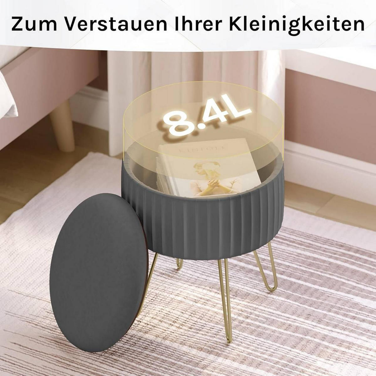SITZHOCKER mit Stauraum, φ31,5xH37,5 cm, Dunkelgrau - Dunkelgrau/Goldfarben, Holzwerkstoff/Kunststoff (31.5/37.5/31.5cm) - Woltu