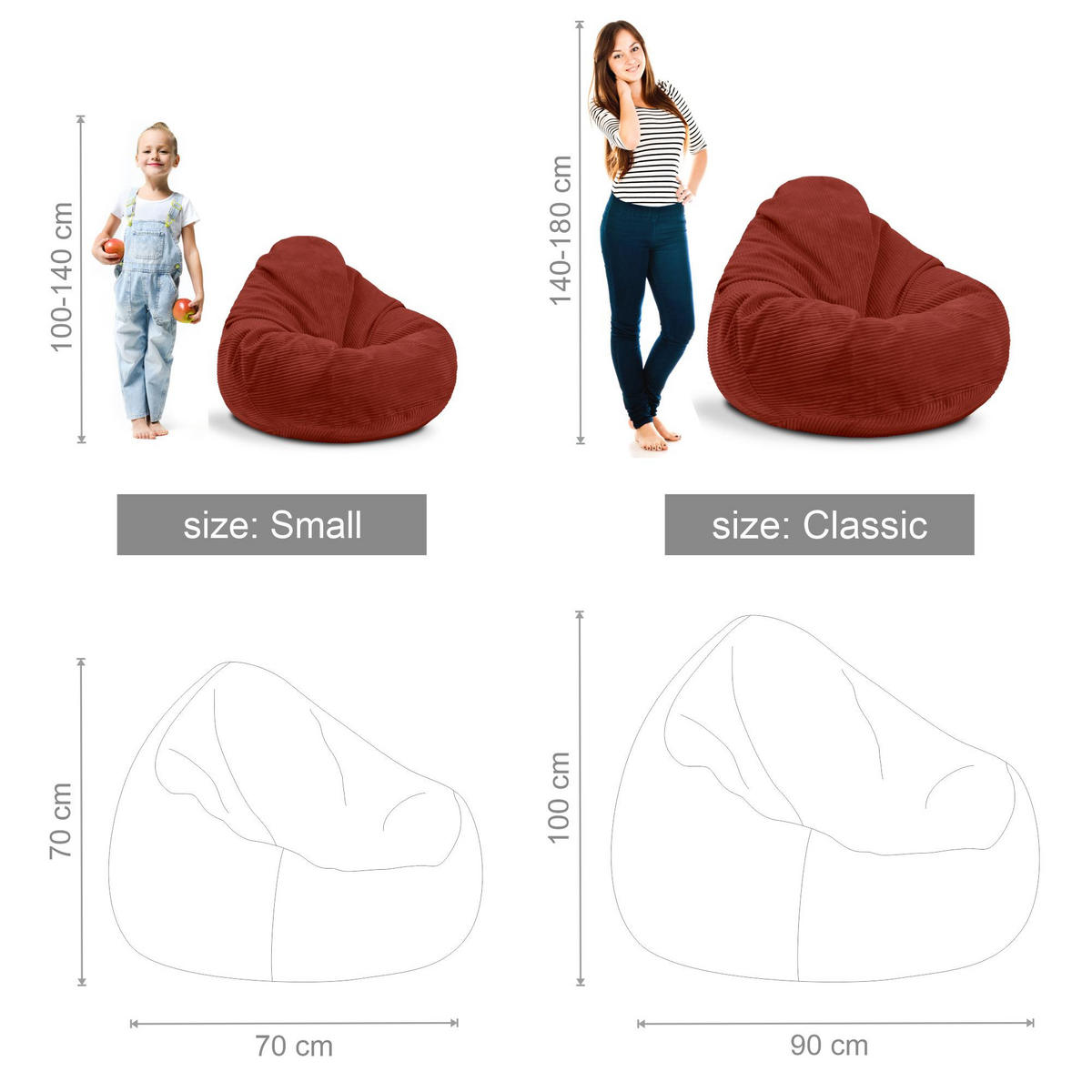 SITZSACK PARADISE MIT FUßSTÜTZE Kordsamt 2-tlg Fired Brick S - Bordeaux, Textil (70/70/70cm) - Dreamroots