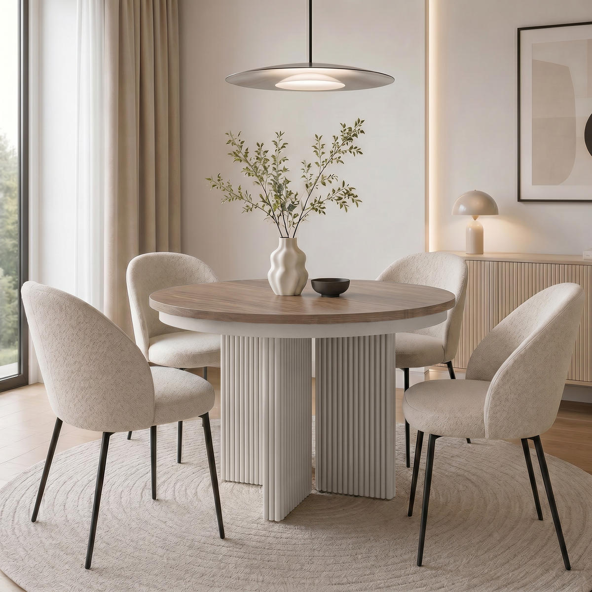 ESSTISCH Prestige runder Design-Tisch, ausziehbar Ø 100–180 cm, Walnuss+Kaschmir - Kaschmir/Walnussfarben, Metall (100/100/77cm) - Beautysofa