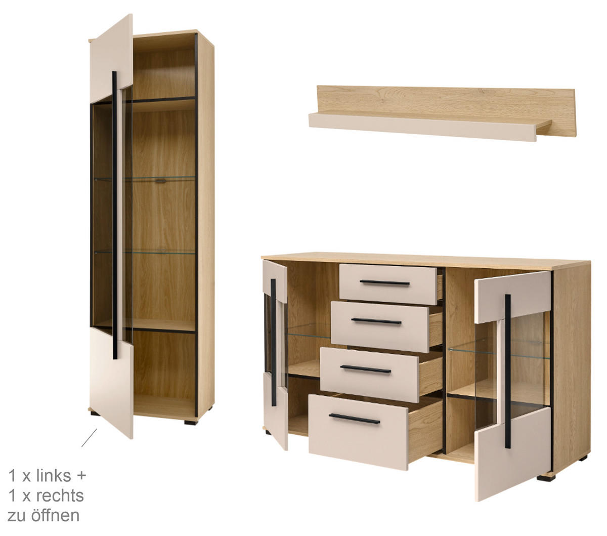 WOHNWAND Kaschmir, Eiche 4-teilig 290 cm, Wohnkombination mit Soft-Close - Kaschmir/Eichefarben, Glas/Holzwerkstoff (290/200/37cm) - Furn.Design