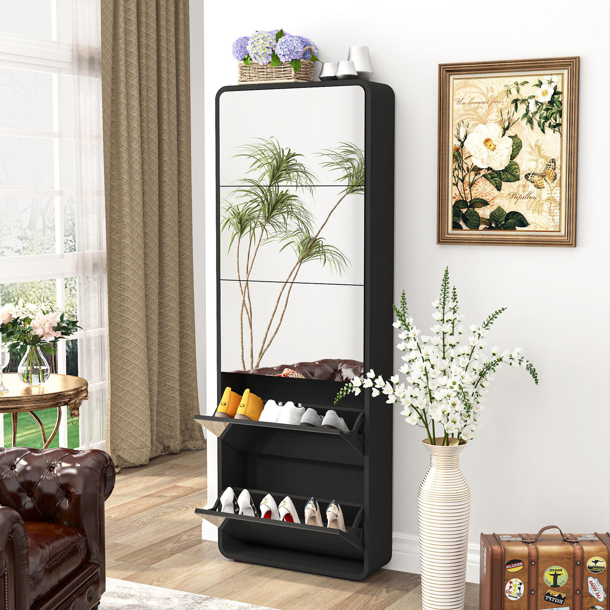 SCHUHSCHRANK aus MDF 63x19.6x176.5cm in Schwarz mit Spiegel - Schwarz, Holzwerkstoff (63/176.5/19.6cm) - Modfu